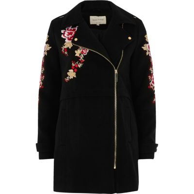Black floral embroidered biker coat